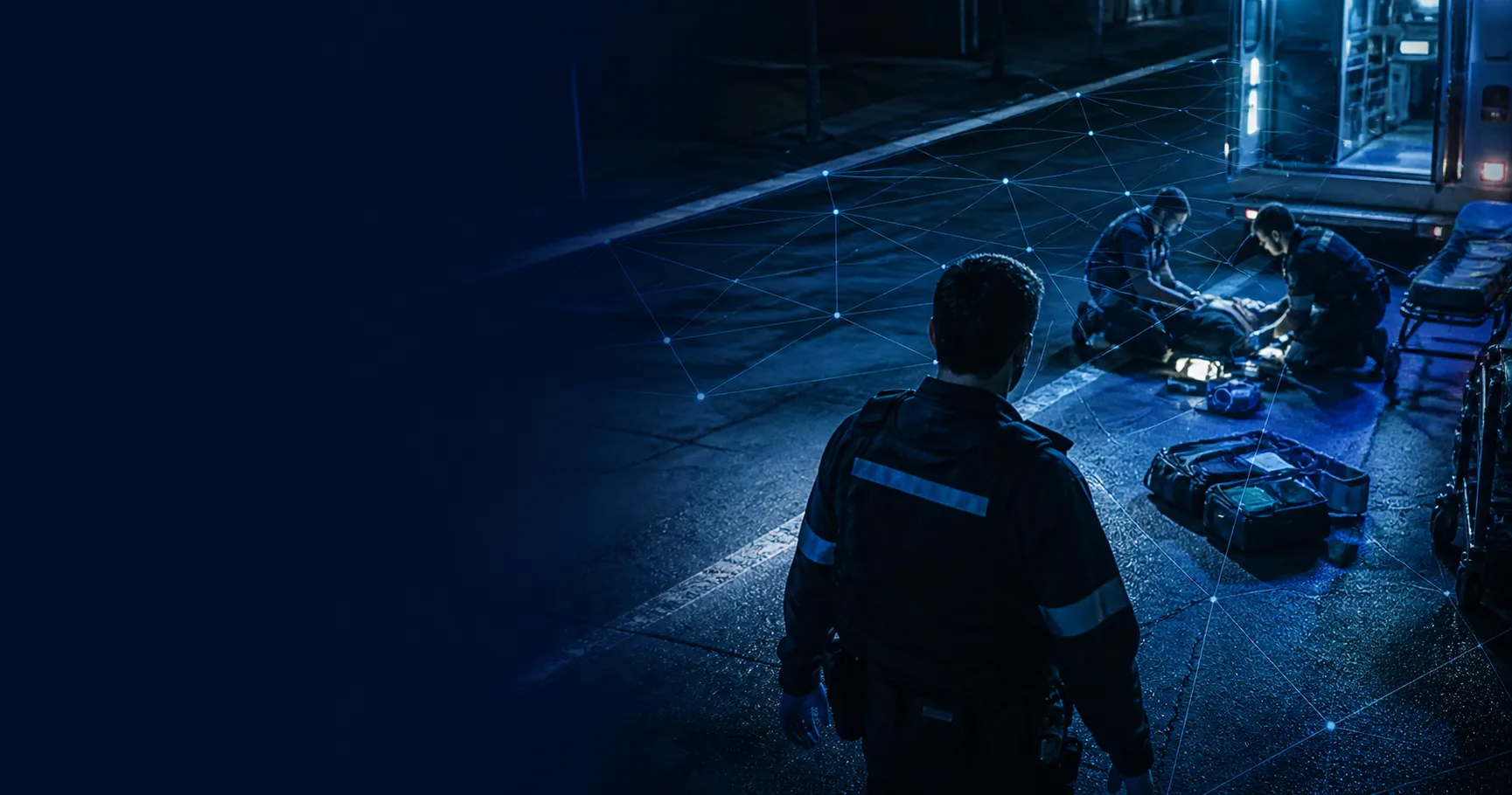 A paramedic assessing a prehospital scene at night, surrounded by faint geometric overlays evoking pattern recognition and expert situational awareness